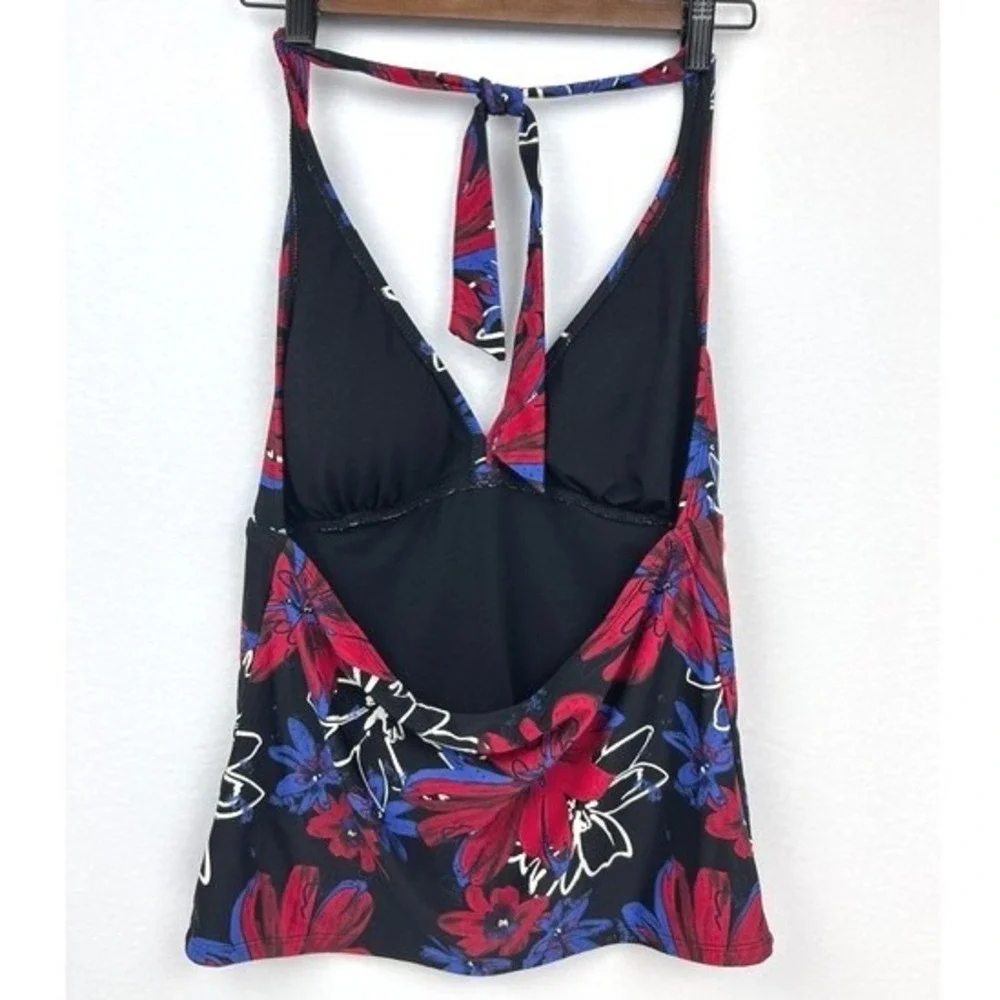Catalina Red Floral Halter Tankini Swim Top Open Back Black Blue M 8-10 - Picture 2 of 8